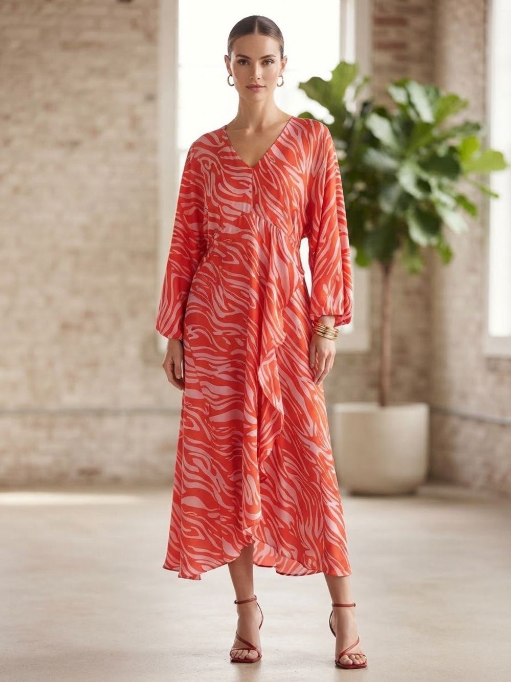 CAbi Coral and Pink Zebra-Print V-Neck Maxi Dress
